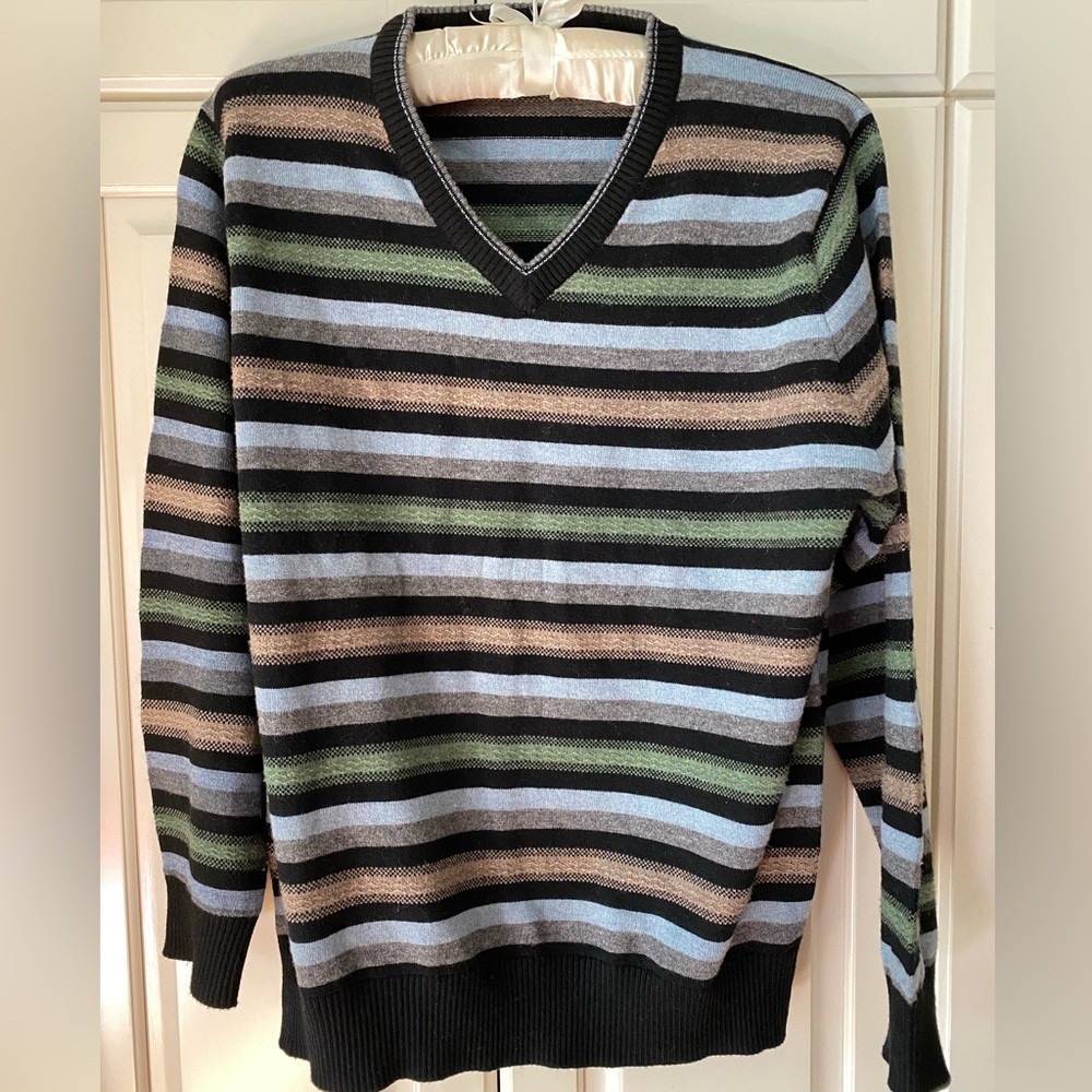 Wool blend stripes Sweater V neck blue black Green men's size S/M